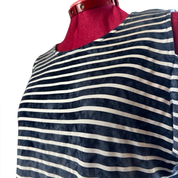 Laura Petite stretch indigo striped top, shoulder cut outs, bound neck line - Picture 2 of 7